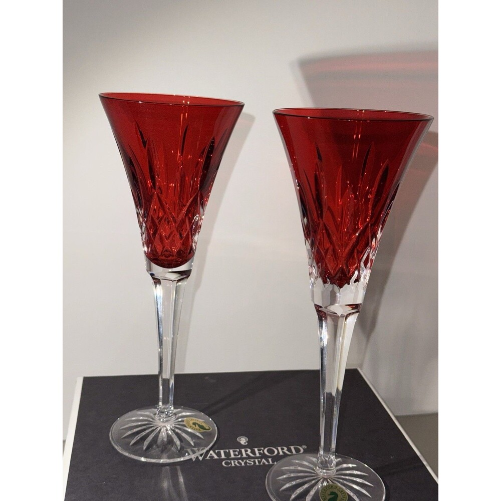 Waterford Crystal LISMORE CRIMSON 9 1/4" Toasting Fluted Champagne Glass Set 2